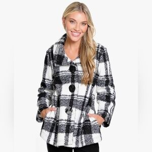 Ali Miles Plaid Printed Boucle Button Front Jacket Three Quarters Women's Large